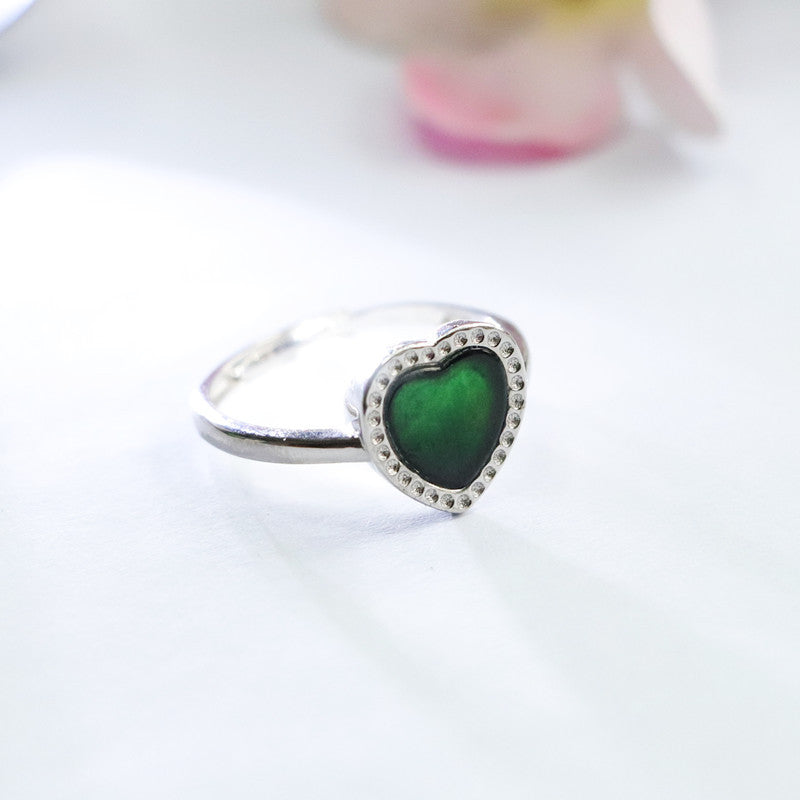 Blackish Green Jade Love Ring with Sterling Silver Base