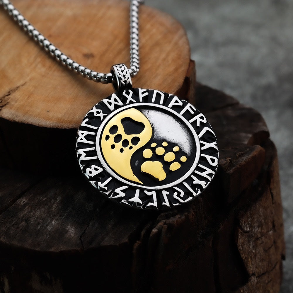 1) Planderful Viking Rune Pendant Necklace For Men In Stainless Steel With Personalized Paw Motif Gift