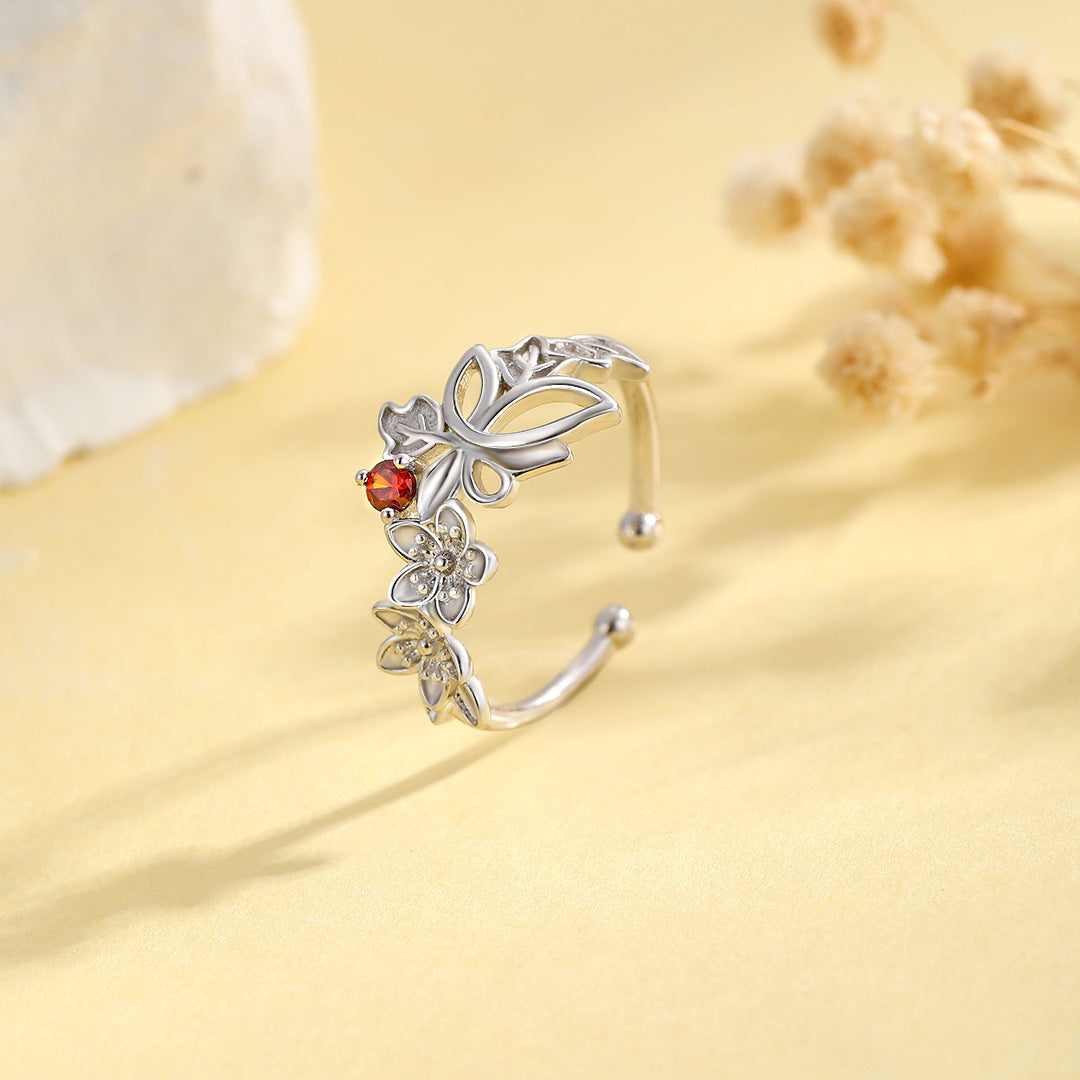 Planderful Luxurious Medieval Butterfly Ring Red Zircon For Women S925 Sterling Adjustable Opening Vintage Style
