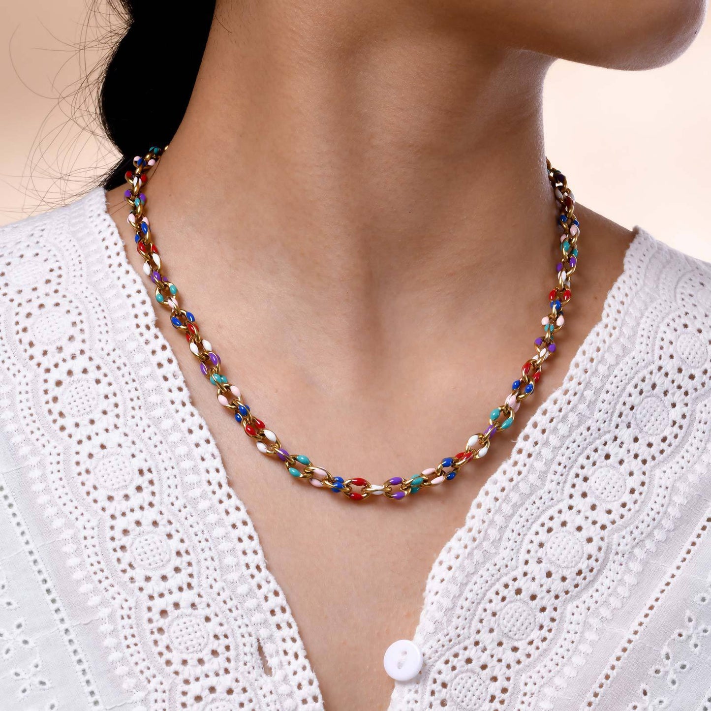 Stainless Steel Colored Epoxy Handmade Gold Chain Necklace Ladies