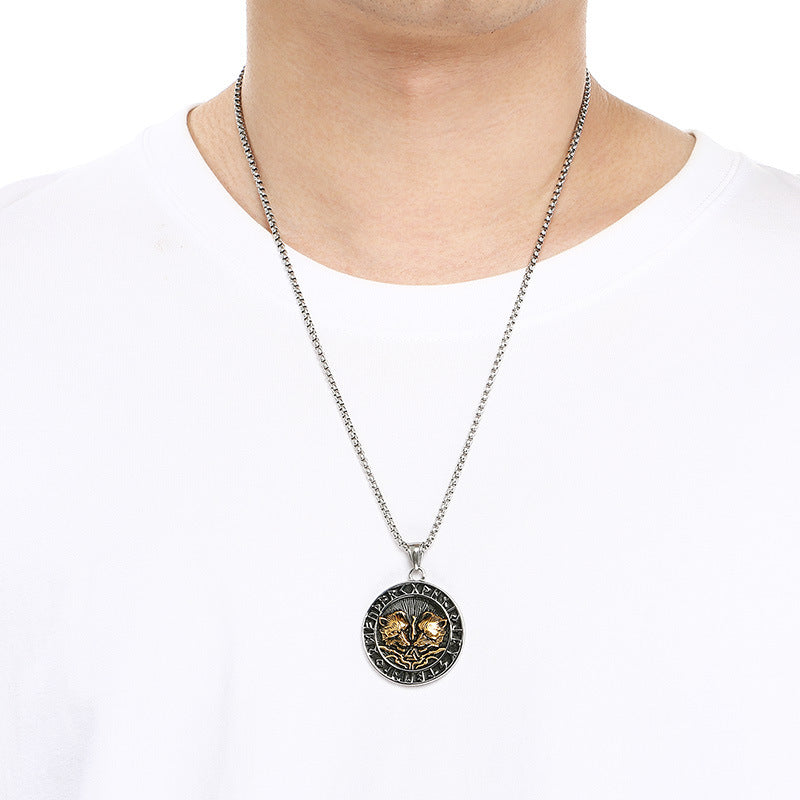 Nordic Viking Mythology Tomahawk Raven Totem, Retro Double Wolf And Crow Titanium Necklace