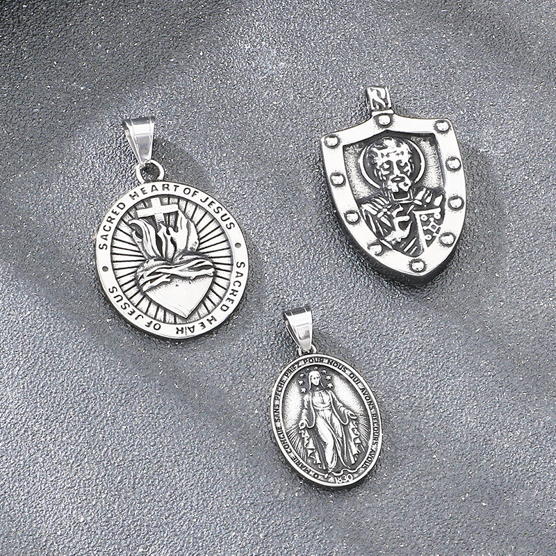 Double Sided Totem Guardian Charm Shield Pendant, Vintage Portrait Cross Sacred Heart Necklace