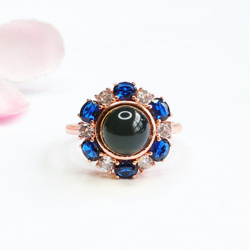 Blue Amber and Zircon Flower Bead Ring with Adjustable Opening