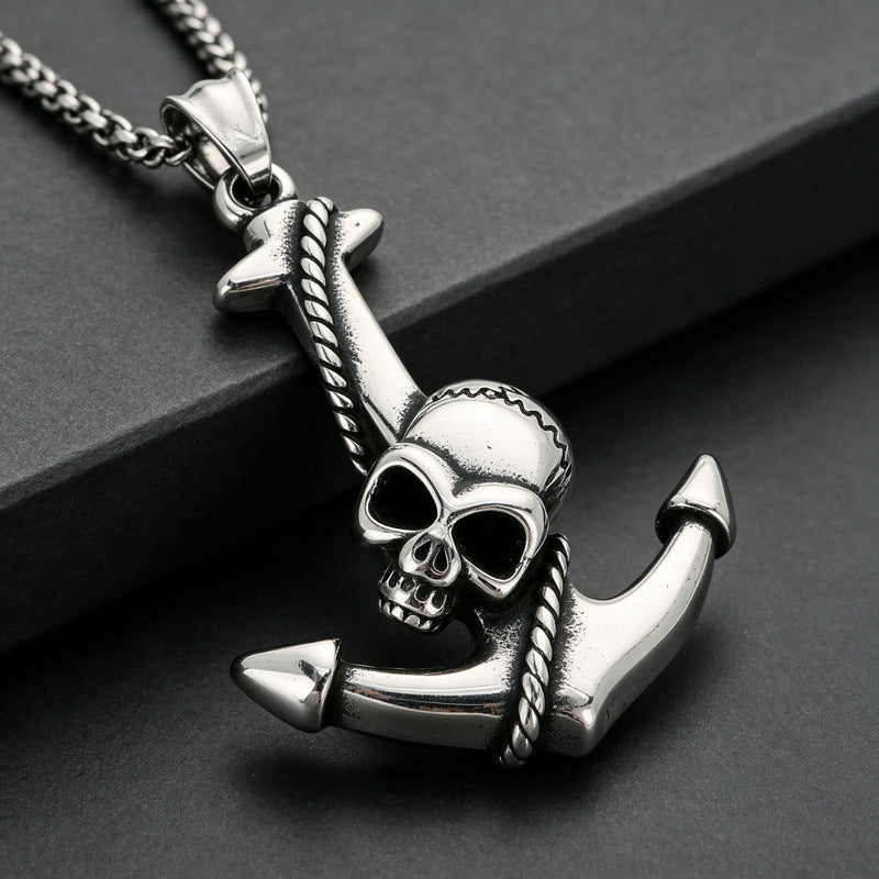 Vintage Celtic Carved Cross Anchor Necklace Iris Anchor Skull Stainless Steel Men's Pendant