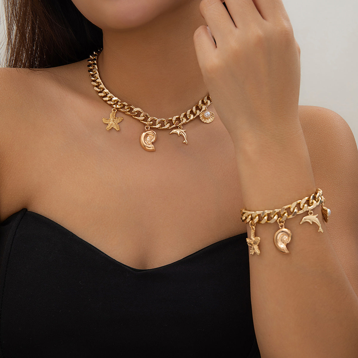 Nautical Dolphin and Seashell Starfish Tassel Necklace for Boho Beach Women.