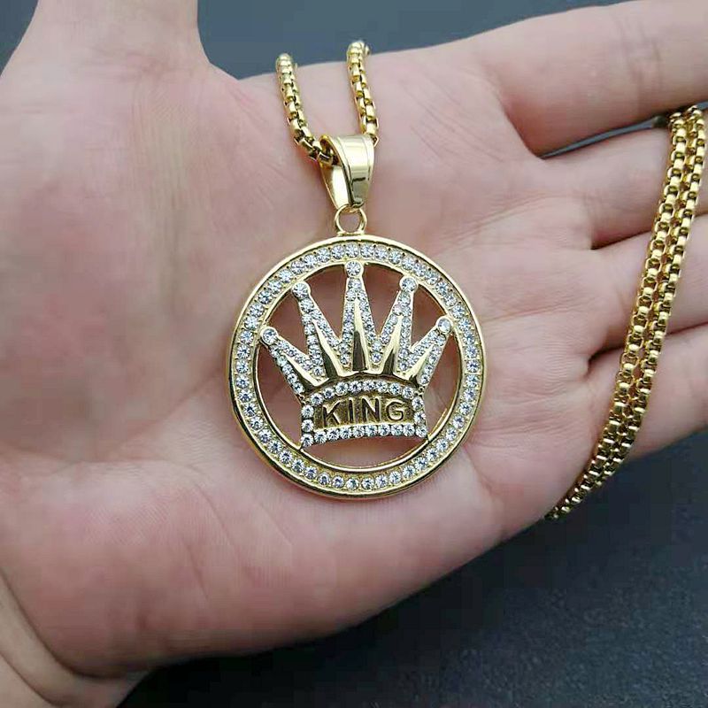 Planderful Hip Hop Crown Pendant Necklace Stainless Steel Gold Plated Rhinestones For Trendsetting Men