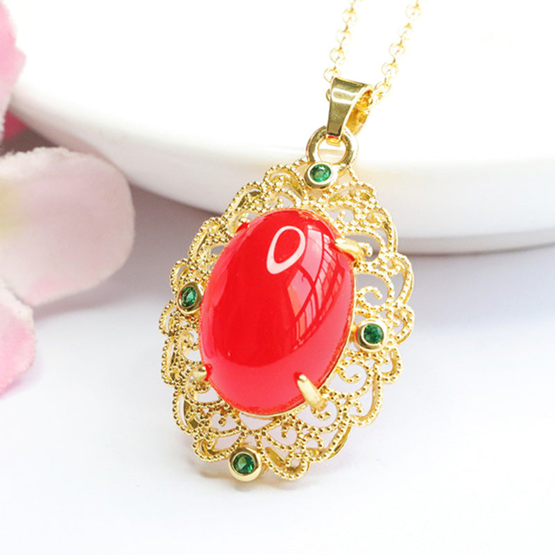Oval Natural Red Agate Pendant, Yellow Green Chalcedony Golden Pendant Ethnic Style
