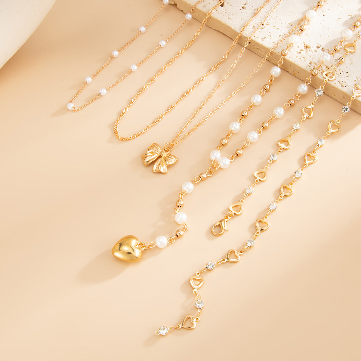 Multi-Layer Stacked Love Y-Shaped Pearl Necklace Spice Girl Long Bow Bead Chain