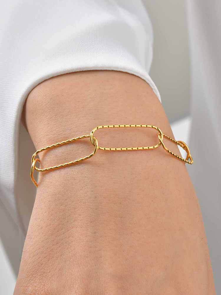 Stainless Steel Embossed Flat Rectangular Chain Necklace Bracelet Gold – A Must