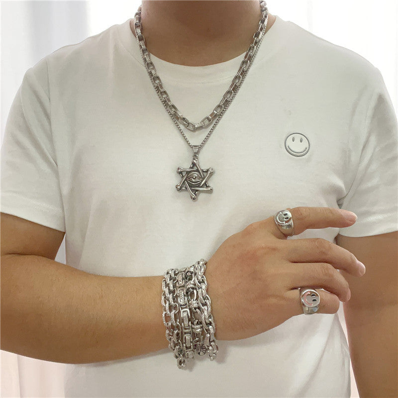 Trendy Titanium Steel Eye of Death Pendant Necklace for Men and Women - Retro Hexagram Design