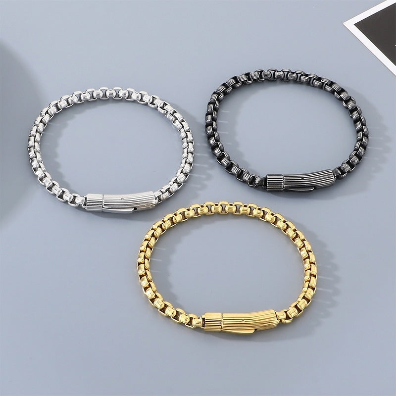 Wind Niche Design Stainless Steel Vertical Pattern Square Pearl Round Buckle Bracelet