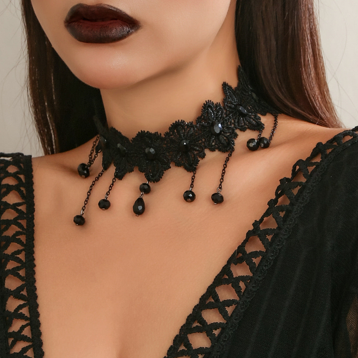 Gothic Lolita Necklace with Tassel Detail and Lace Collar