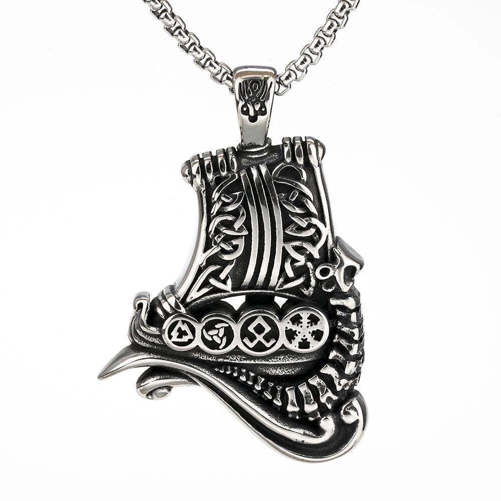 Vintage Stainless Steel Pendant Men's Necklace Viking Ship Rune