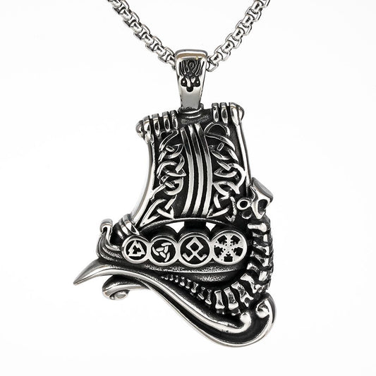 Vintage Stainless Steel Pendant Men's Necklace Viking Ship Rune