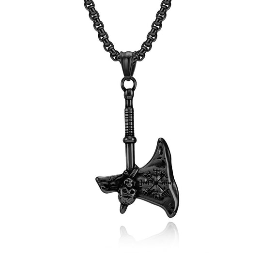 Planderful Nordic Viking Axe Pendant Durable Titanium Steel Necklace For Men Bold Skull Head Jewelry