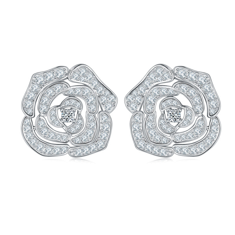 Planderful Moissanite Camellia Stud Earrings S925 Sterling Silver In Style Earl Grey Flower Luxury Gift For Her