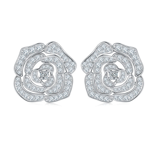 Planderful Moissanite Camellia Stud Earrings S925 Sterling Silver In Style Earl Grey Flower Luxury Gift For Her