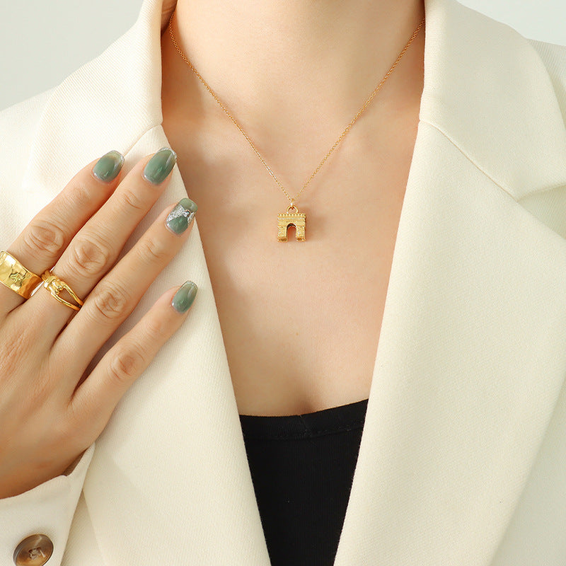 Luxurious Gold Plated Arc de Triomphe Necklace - Elegant Minimalist Collar Chain for Women's Jewelry