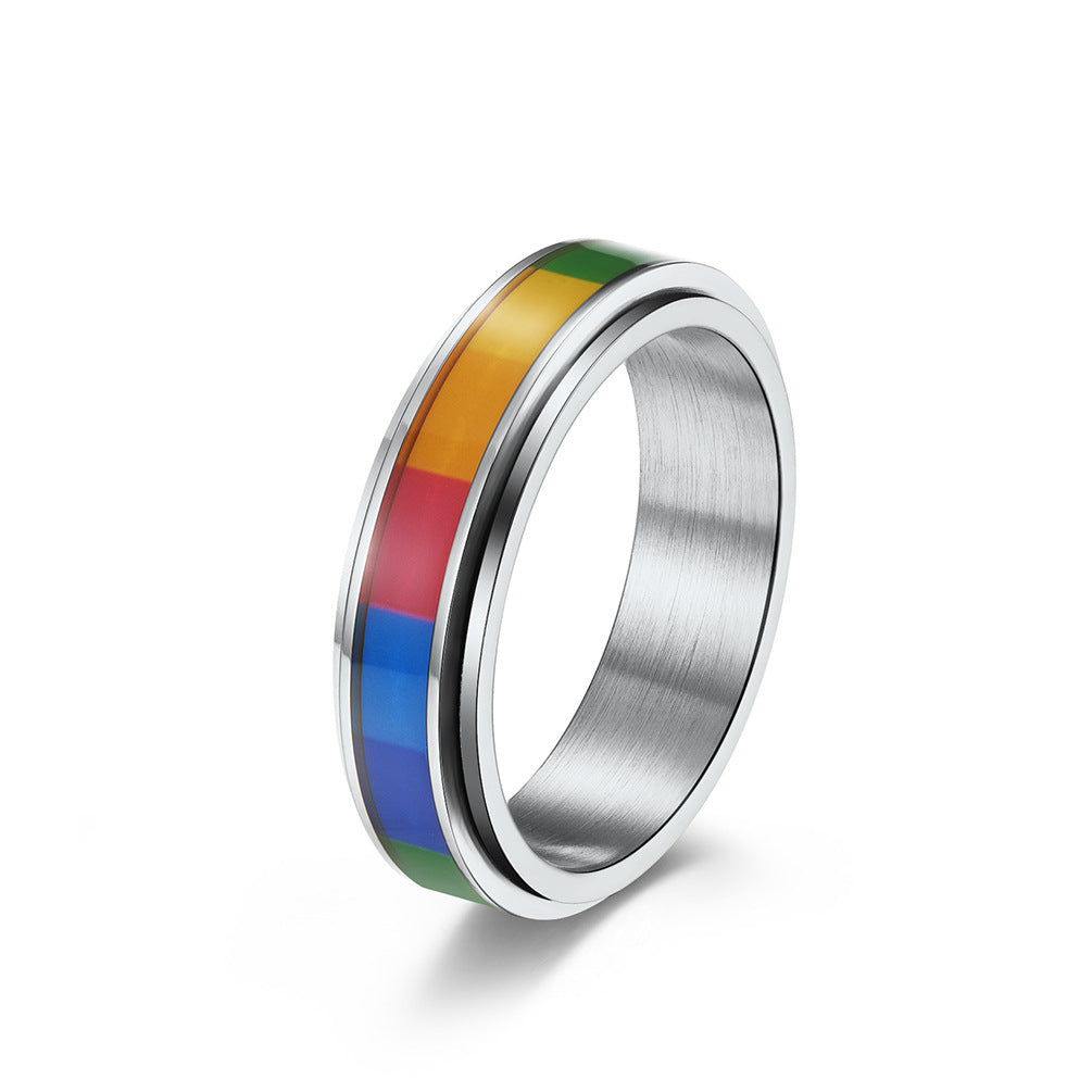 Planderful Rainbow Rotating Titanium Steel Ring For Men And Women Gender Free Fashion Jewelry Size 7 To 12