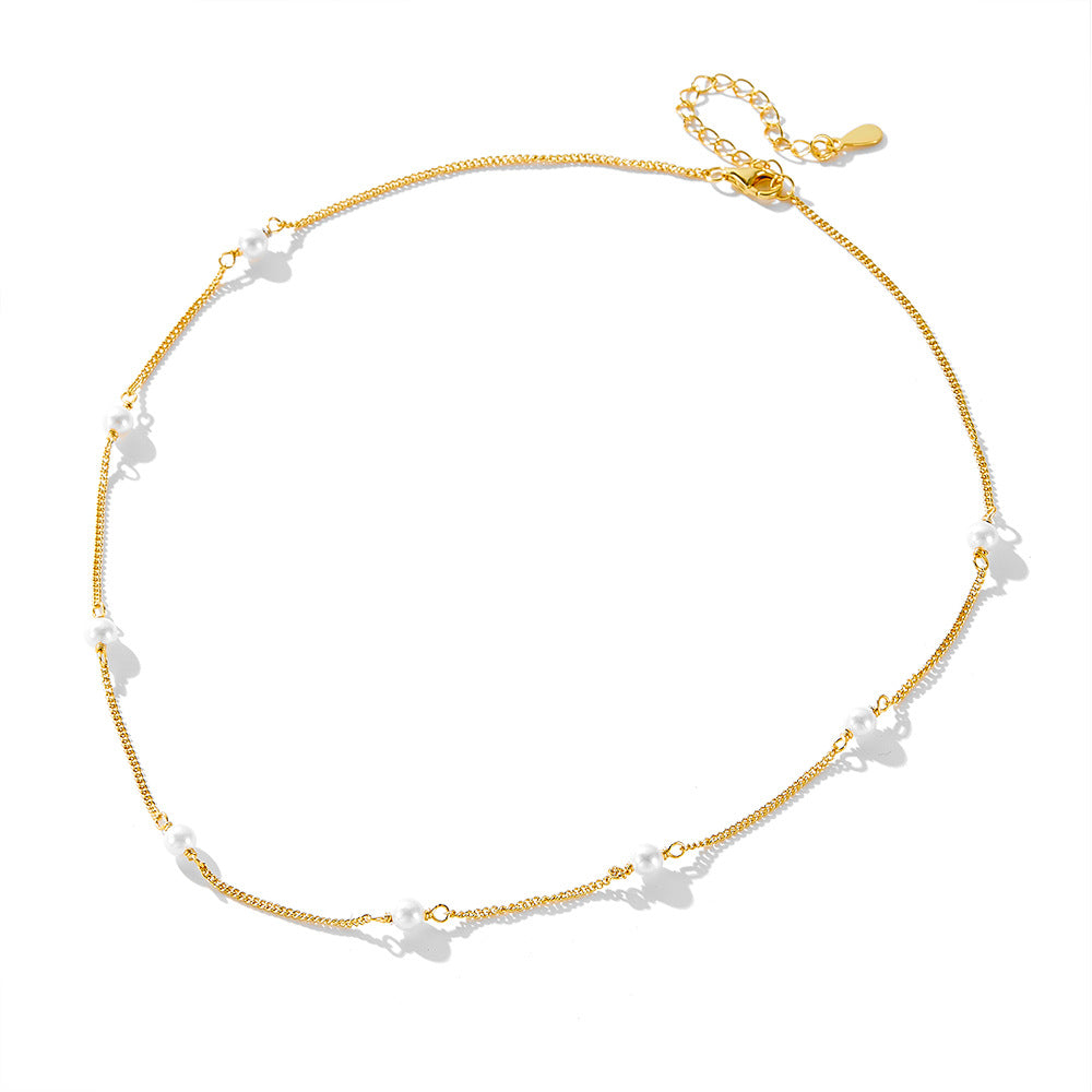 S925 Sterling Silver Pearl Necklace Stacked Choker