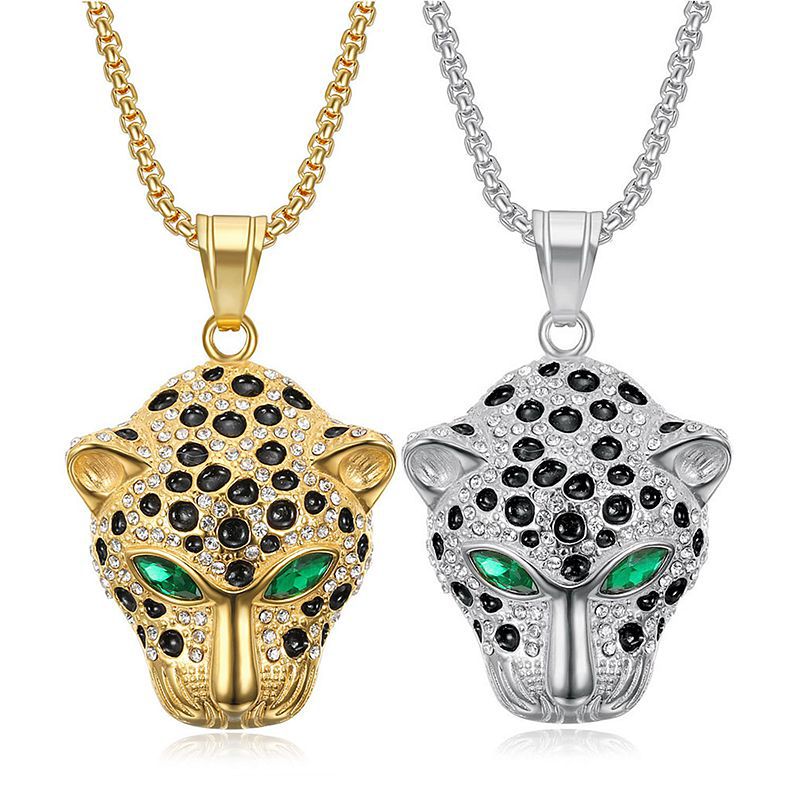 Planderful Leopard Head Pendant Stainless Steel Green Red Zircon Eyes Unisex Hip Hop Jewelry