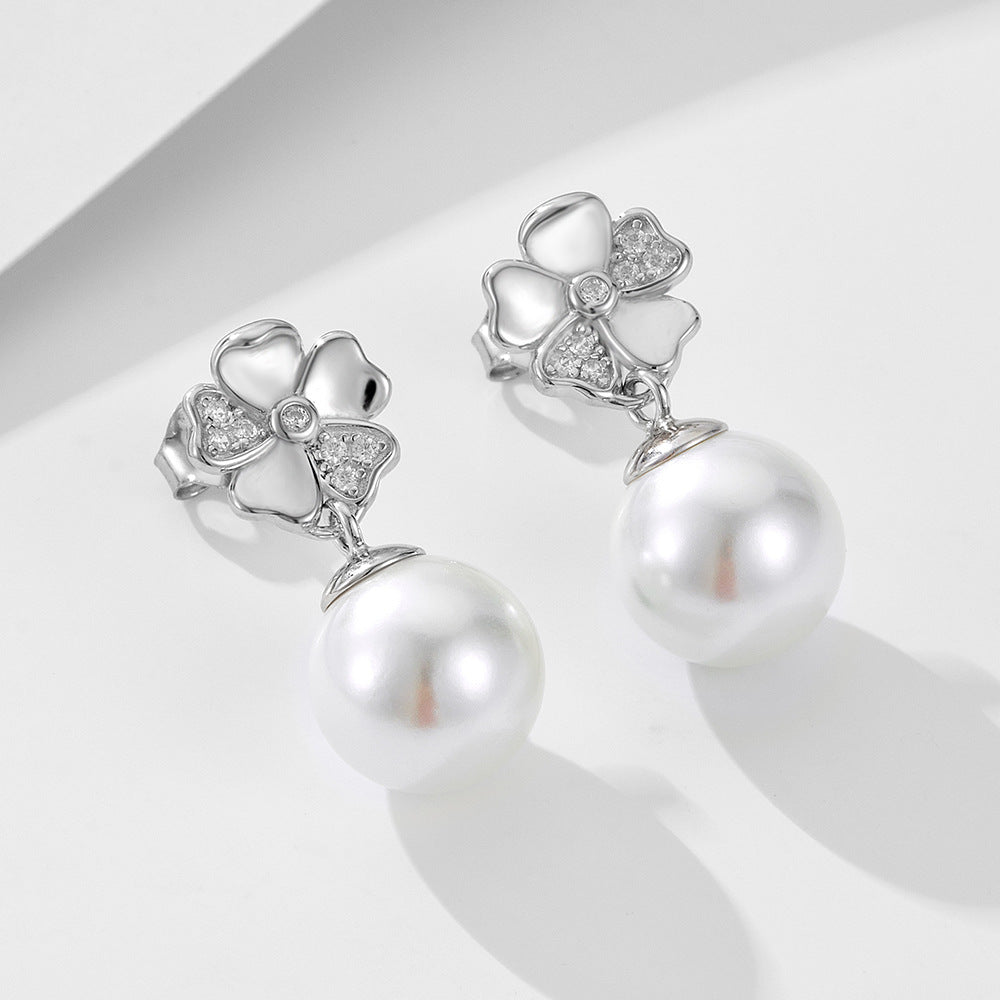 Pearl Earrings S925 Silver Inlaid Zircon Clover Flower Real Gold Electroplated Stud Earrings