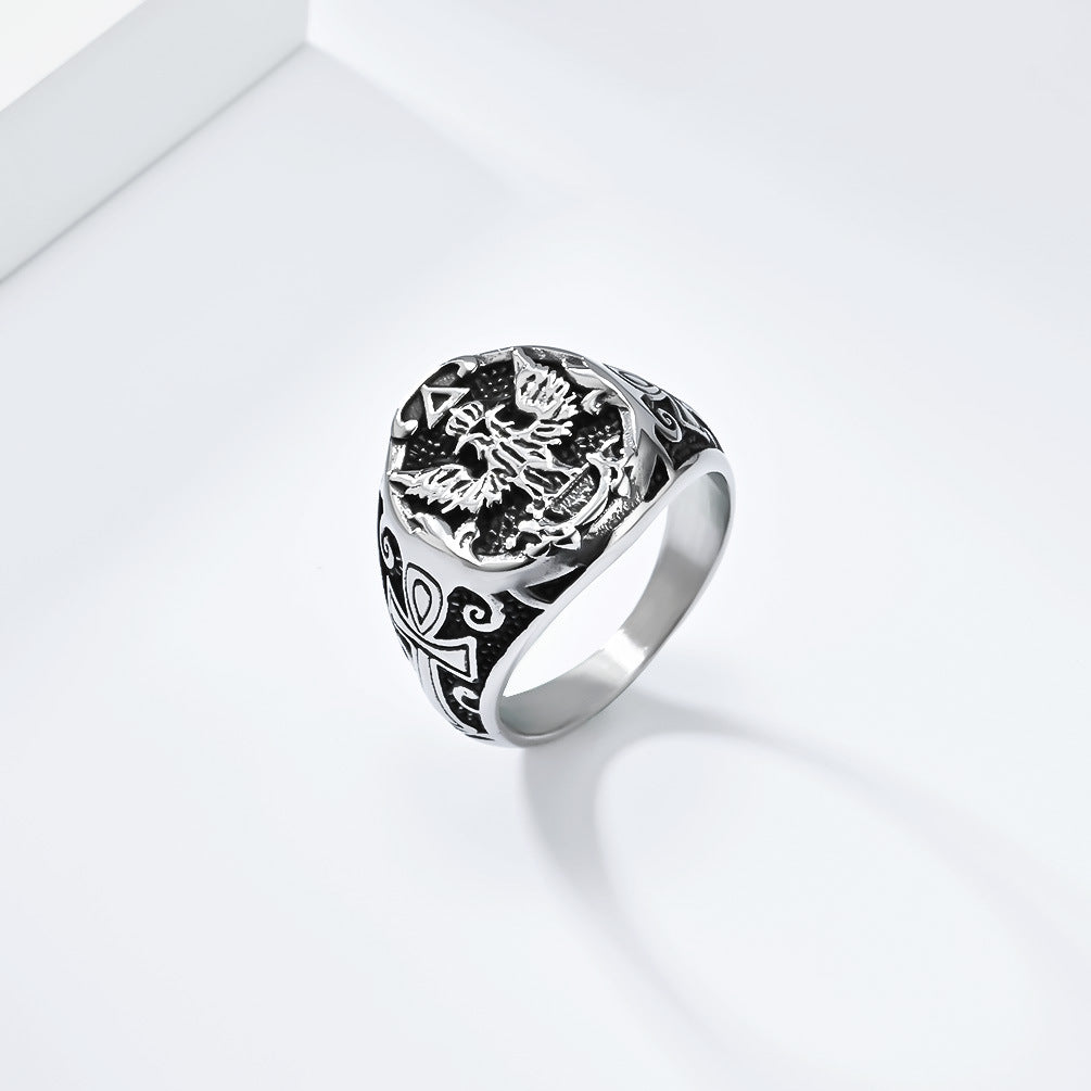 Planderful Mens Ring Retro Double-Headed Eagle Titanium Steel For Men Dominant Statement Jewelry