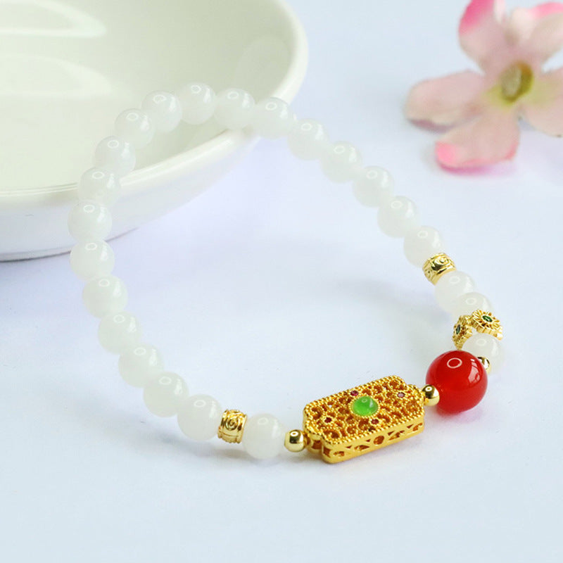 White Hetian Jade & Red Agate Beaded Bracelet