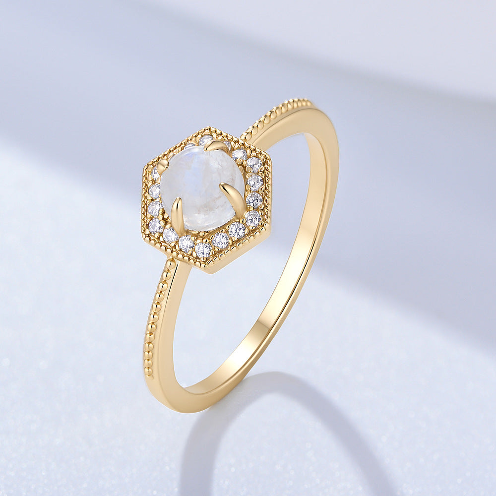 S925 Sterling Silver Geometric Hexagonal Natural Moonstone Ring
