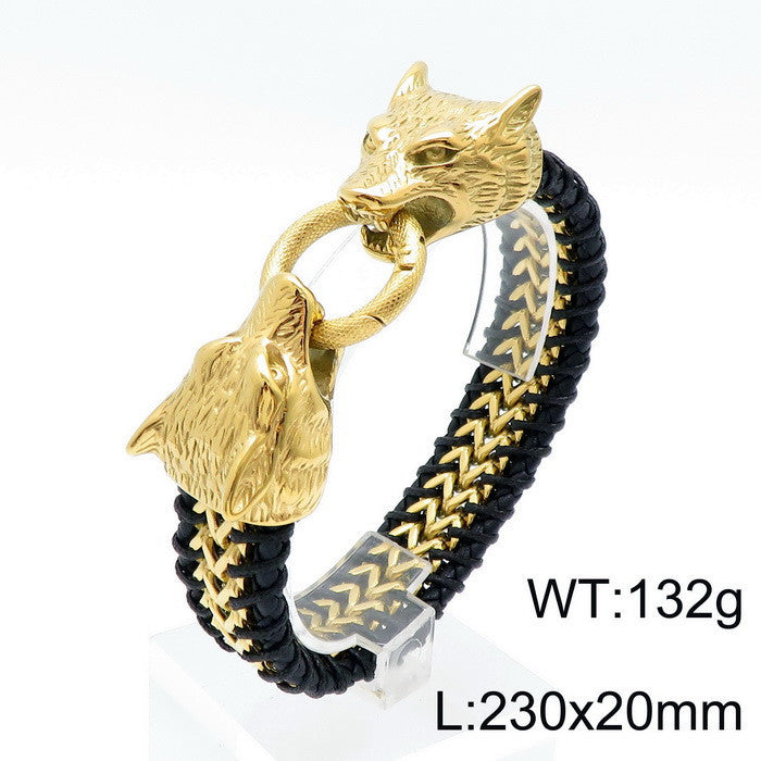 Planderful Double Wolf Head Lion Head Bracelet Men Titanium