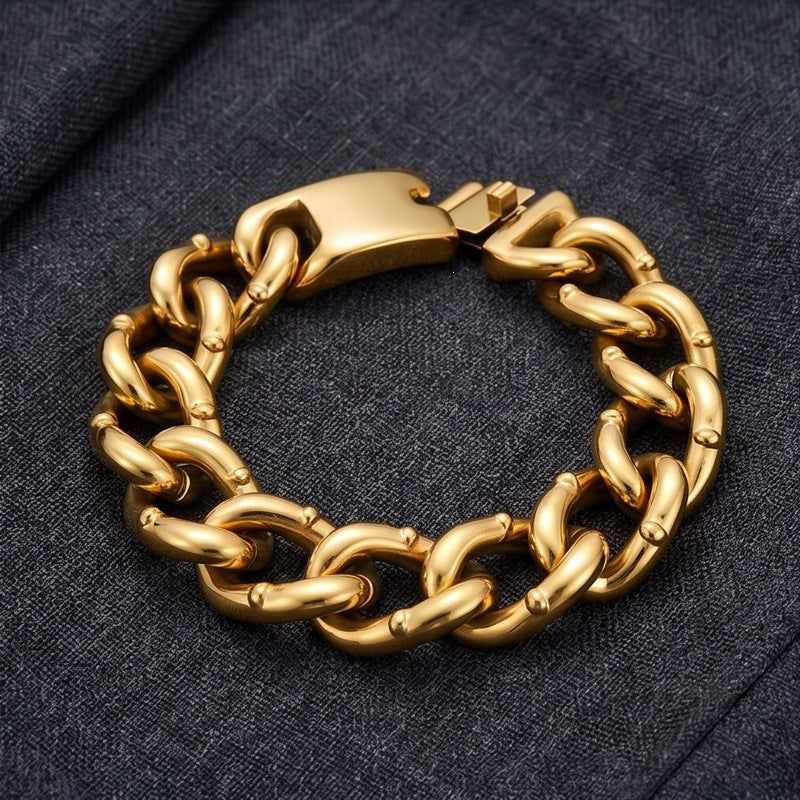 Round Bead Rivets Solid 18mm Cuban Hip-Hop Design Stainless Steel Men's Bracelet