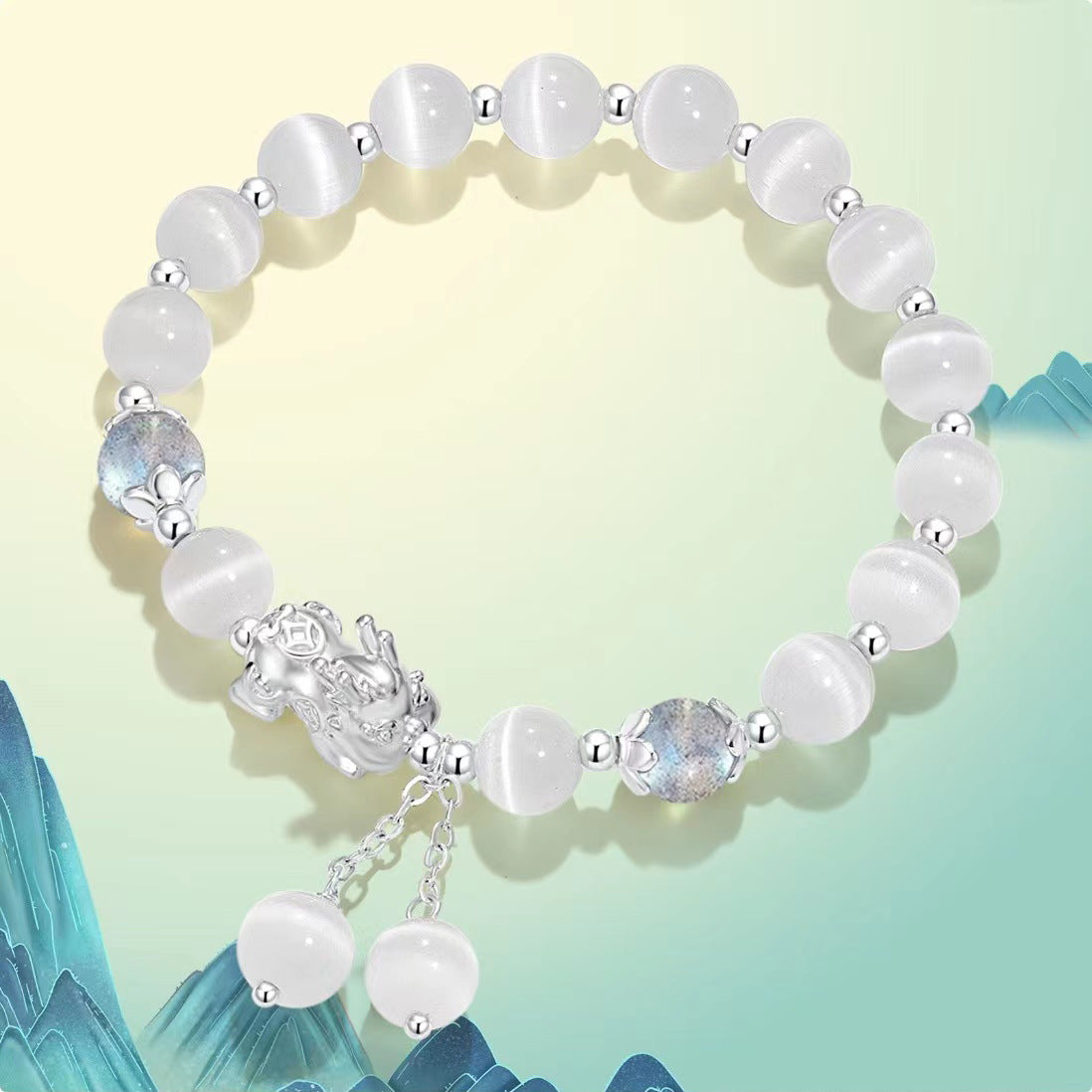 Natural Black Agate and Gray Moonlight Opal Couple Bracelets with Pixiu Fortune Charm