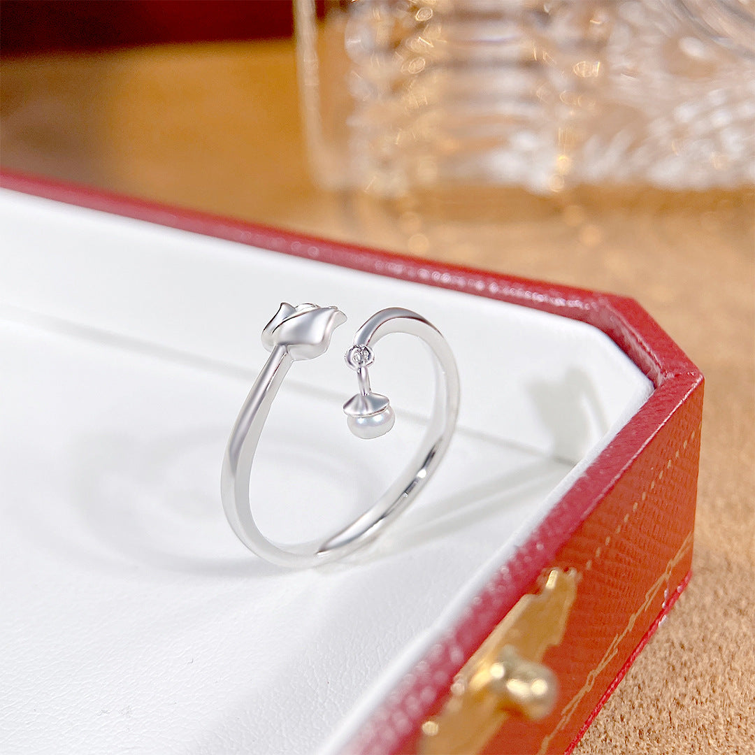 S925 Sterling Silver Freshwater Pearl Rose Ring — Adjustable