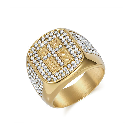 Planderful Premium Hip Hop Ring For Men With Full Zircon Cross 18K Gold Plated Stainless Steel Jewelry