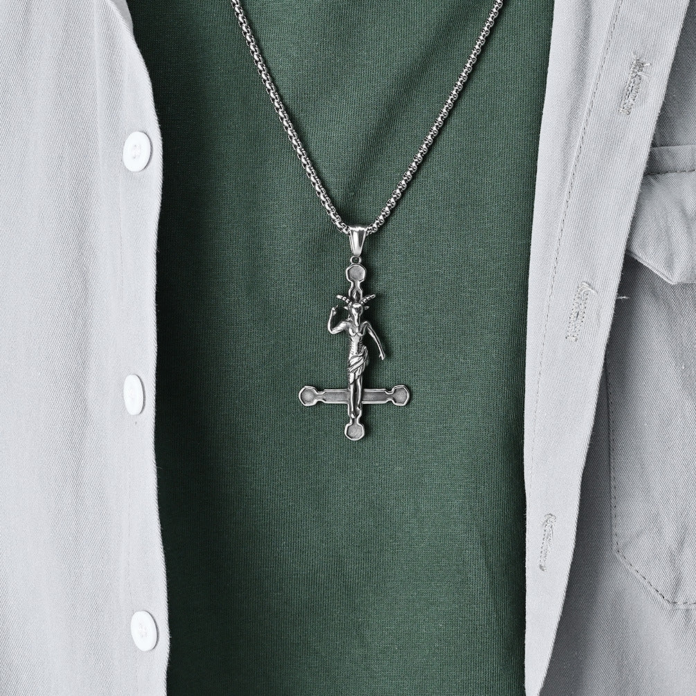 Cross-Border European And American Retro Style Devil Satan Goat Reverse Cross Necklace Niche Personality Pendant For Men