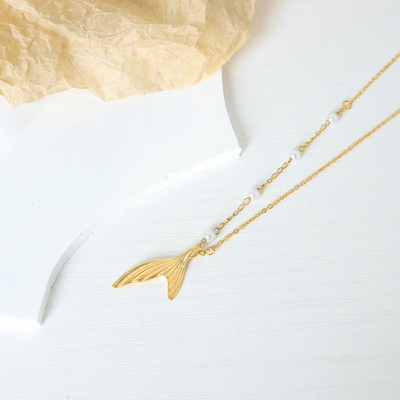 Elegant Mermaid Tail Pendant Necklace with Imitation Pearl - Gold-Plated Beauty