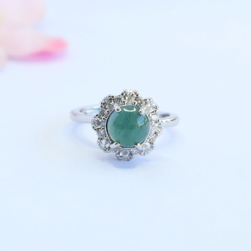 Blue-Water Jadeite Petal Zircon Ring