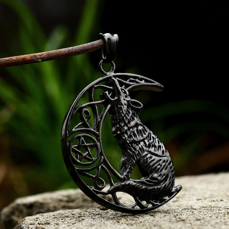 Titanium Steel Nordic Viking Moon Wolf Pendant for Men - Wholesale Electroplated Design