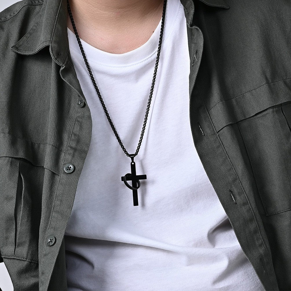 Planderful Titanium Steel Cross Necklace For Men Trendy Hip Hop Pendant With Glossy Ring Personalized Jewelry