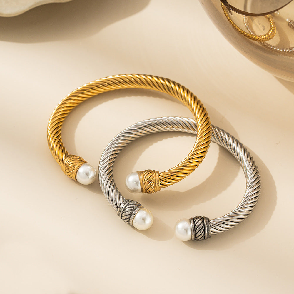 Planderful Stainless Steel Wire Rope Pearl Bracelet For Women Opening Clasp Elegant Everyday Genie Jewelry