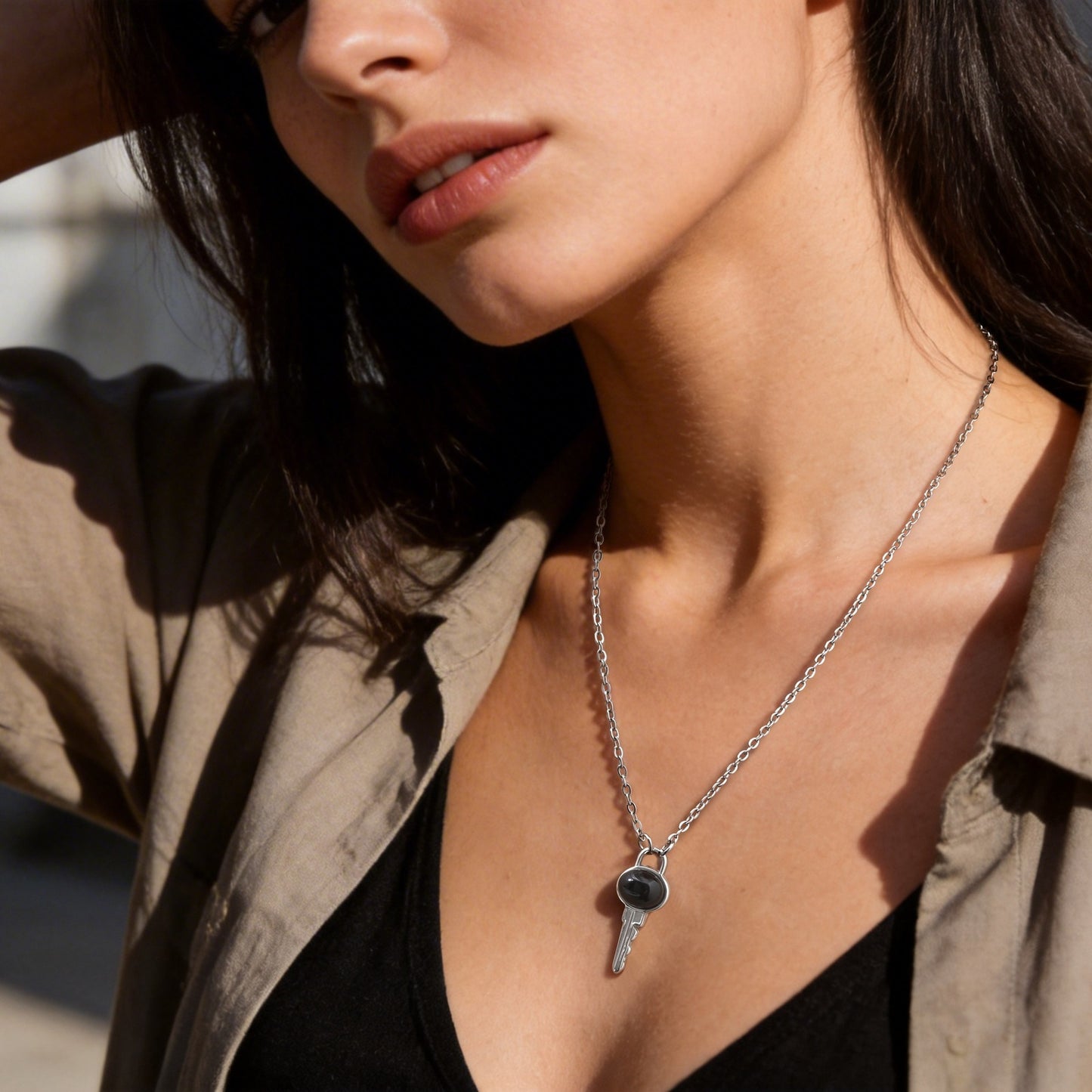 Stainless Steel Black Agate Key Cold Wind Couple Necklace