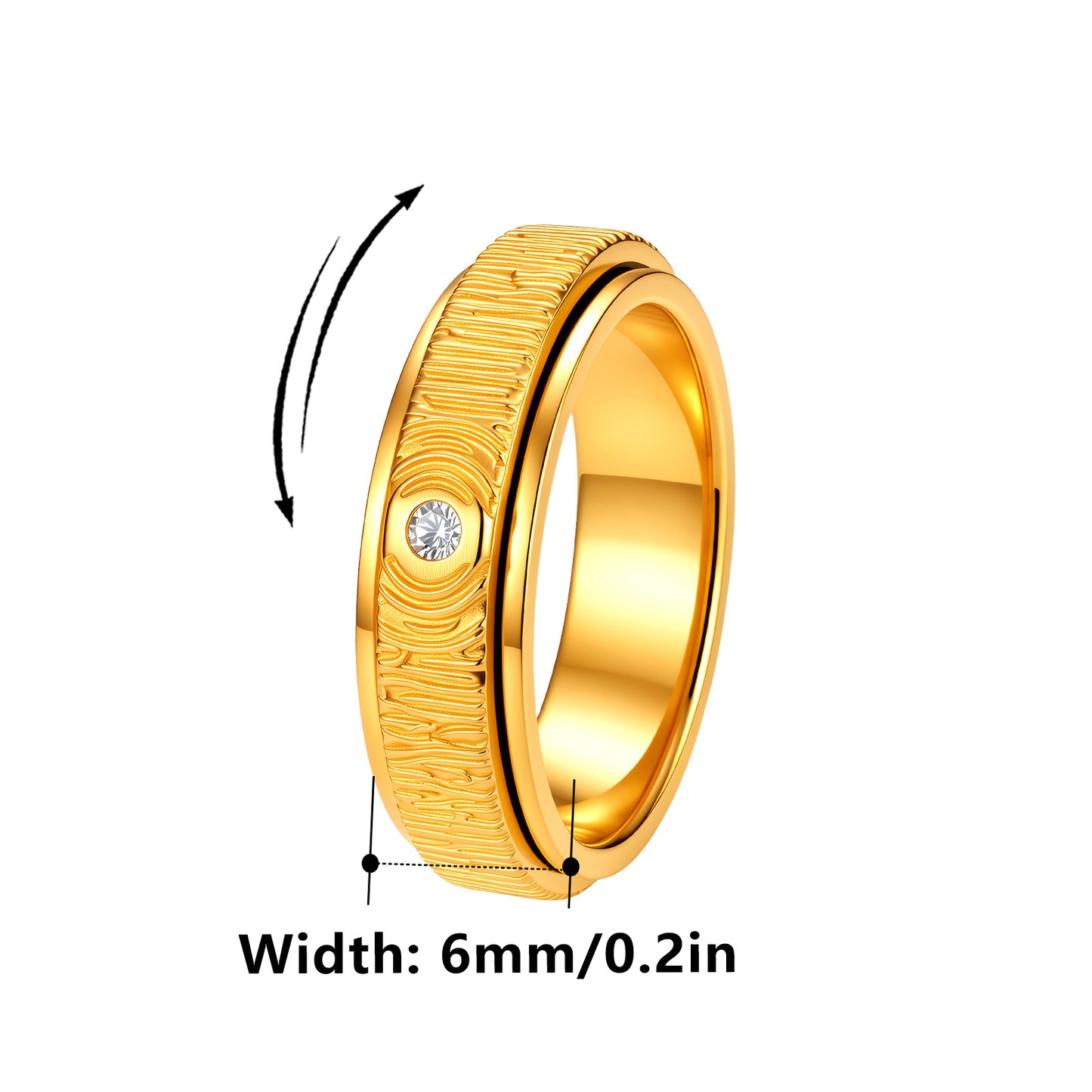 Planderful Everyday Genie Wood Grain Zircon Single Rotatable Stainless Steel Ring For Men Women Unisex Retro Jewelry