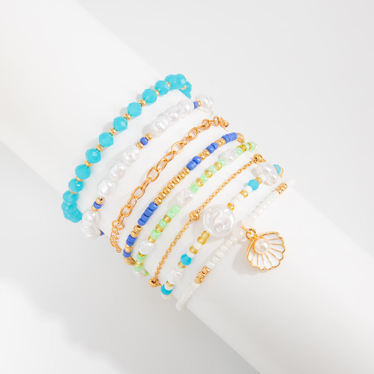 Imitation Pearl Beaded Bracelet Multi Layer Scallop Design Holiday Style By Planderful Vienna Verve For Women