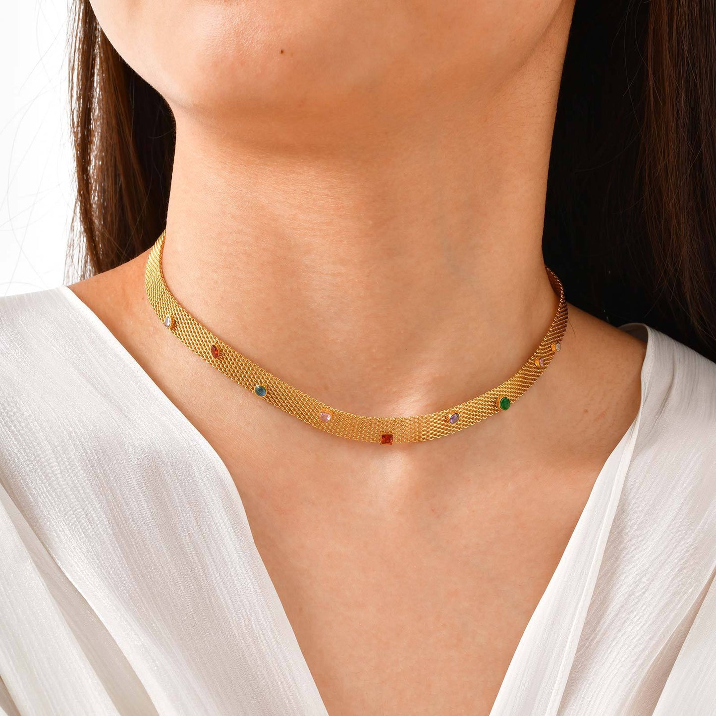 Gold Stainless Steel Mesh Chain With Colored Zircon Necklace Design Women's