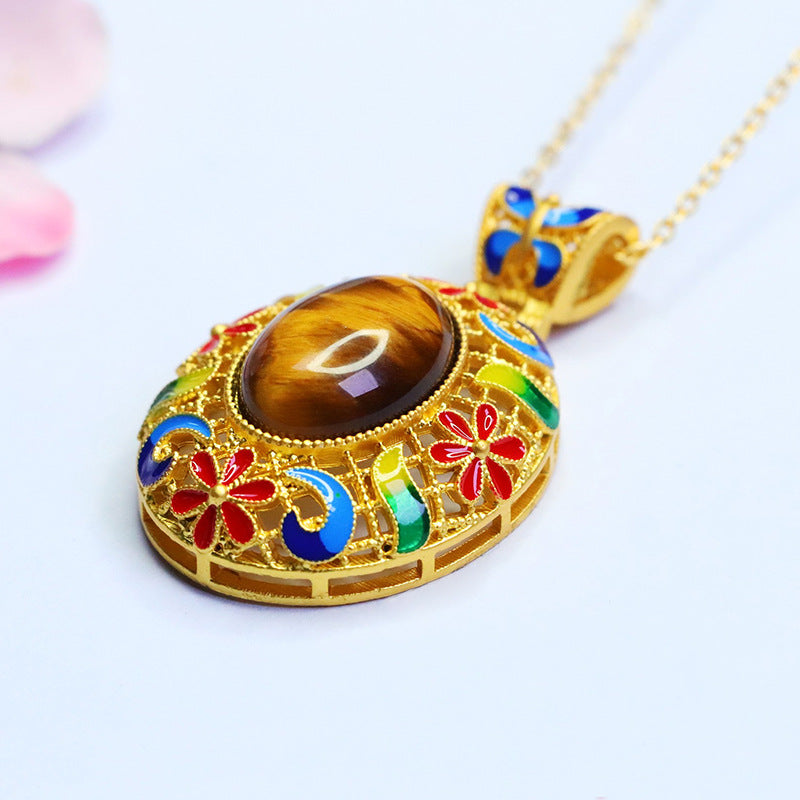 Yellow Tiger Eye Enamel Petal Pendant — No Chain