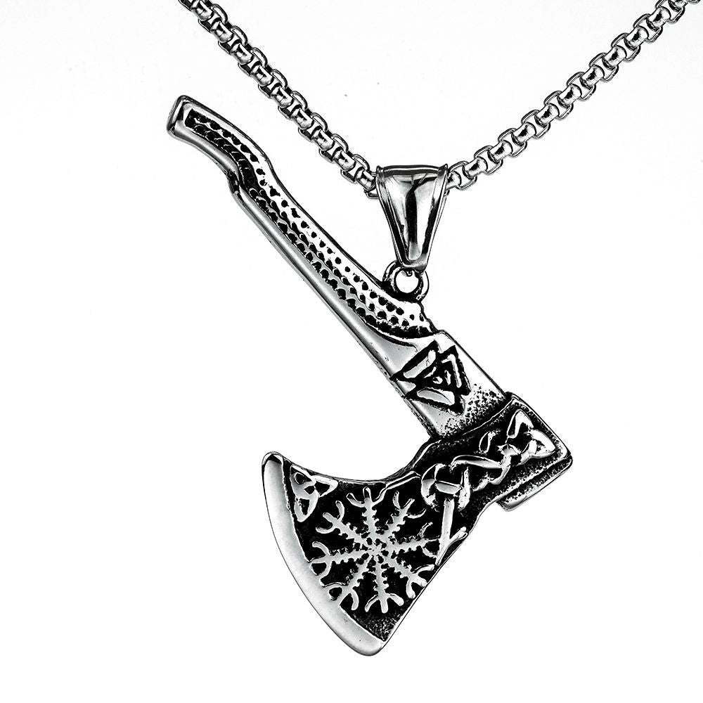 Vintage Men's Stainless Steel Pendant Viking Compass Axe Necklace