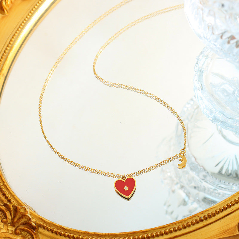 Peach Heart Zirconia Necklace with Lock Bone Chain