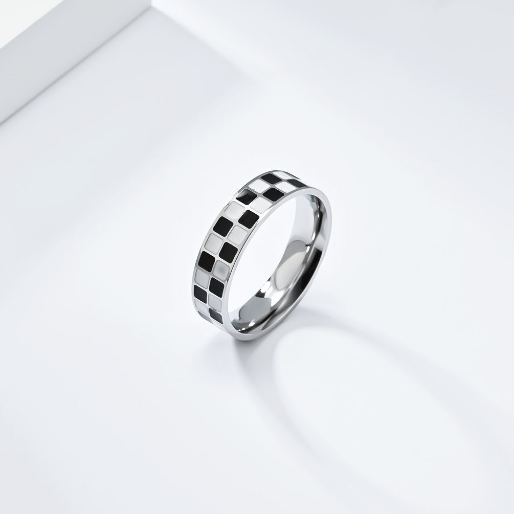 Light Luxury Black and White Grid Titanium Steel Ring