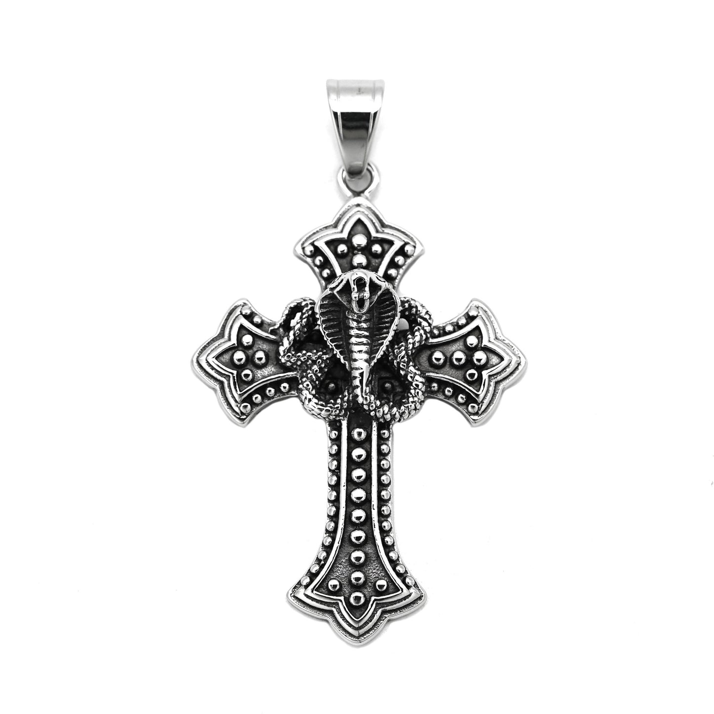 Steel Necklace - Vintage Cross Engraved Cobra Pendant