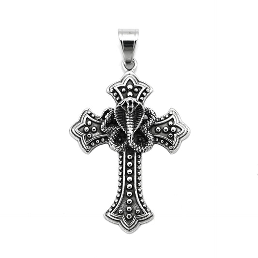 Steel Necklace - Vintage Cross Engraved Cobra Pendant